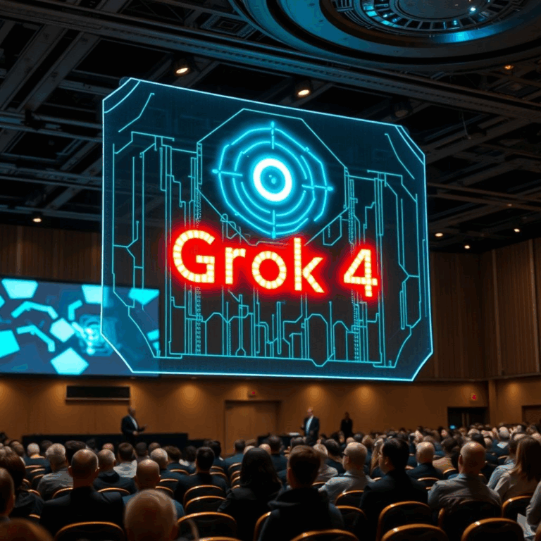 Grok 4 AI model unveiled with glowing hologram